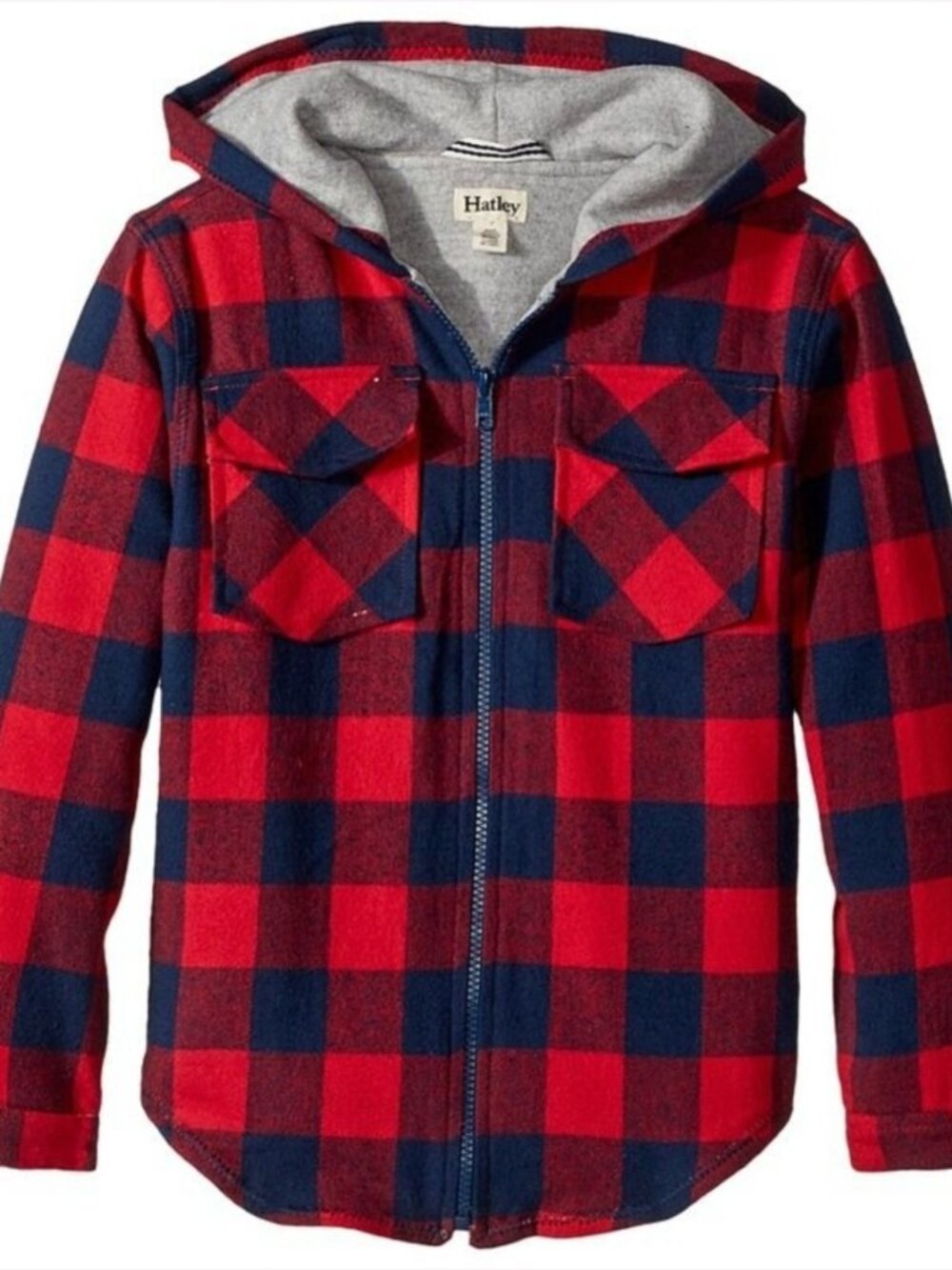 Hatley Boys Red and Navy Plaid Woven Flannel Hoodie/Shacket/Jacket. Size 5